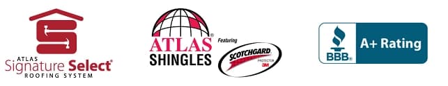 Atlas Signature Select, Atlas Shingles with Scotchgard, and BBB A+ Rating certification badges